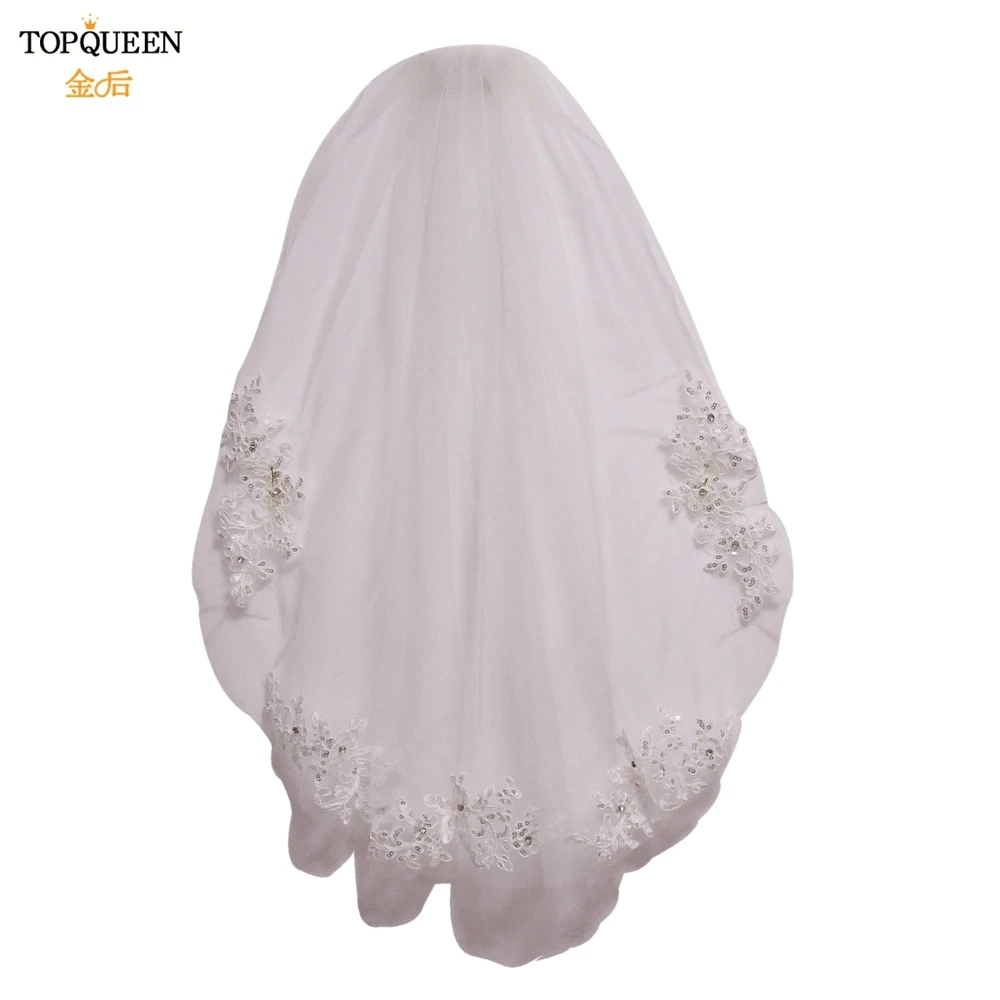 TOPQUEEN V49 Handmade Short Wedding Veil with Lace Embroidery White Ivory Bridal Accessories Tulle with Hair Comb