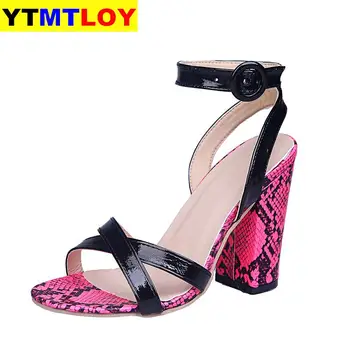 

2020 Big Size 35-43 Multicolor Snake Pu Leather Women Ankle Strap Sandals Open Toe Thick High Heels Buckle Women Shoes Ladies