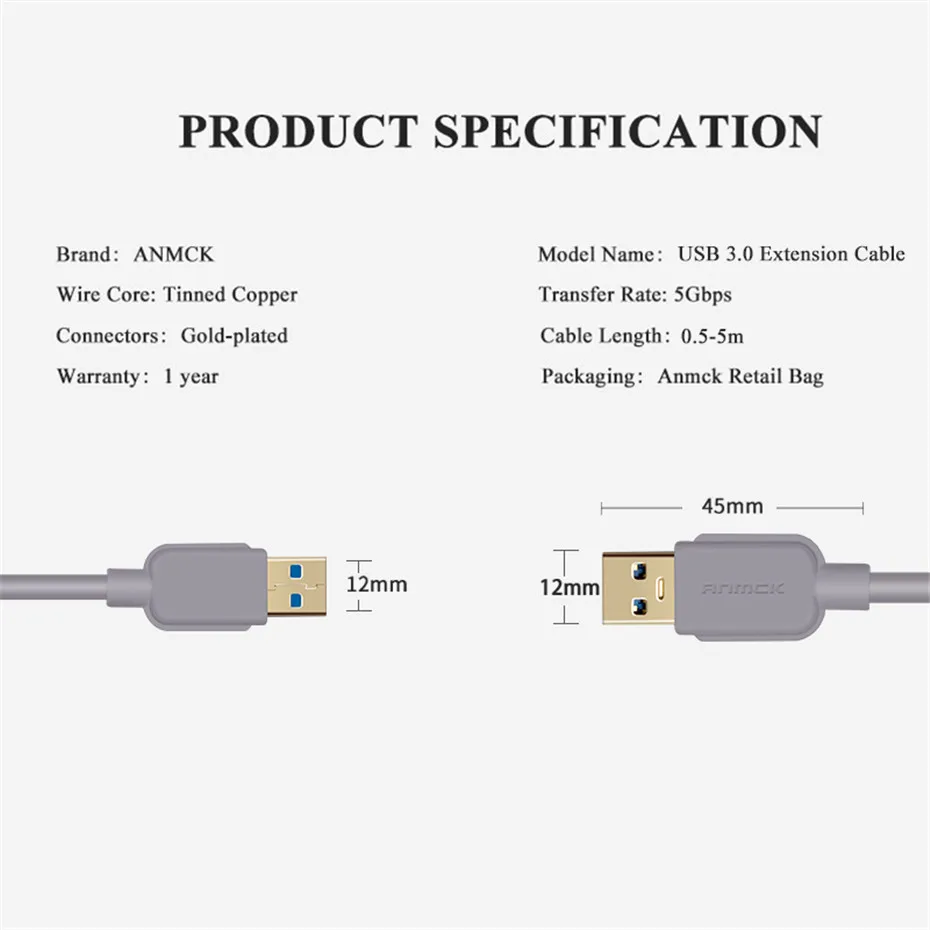 Anmck USB-USB Удлинительный кабель Тип A папа-папа USB 3,0 2,0 удлинитель для радиатора жесткого диска Webcom 0,5 м 1 м 1,5 м 2 м 3 м 5 м