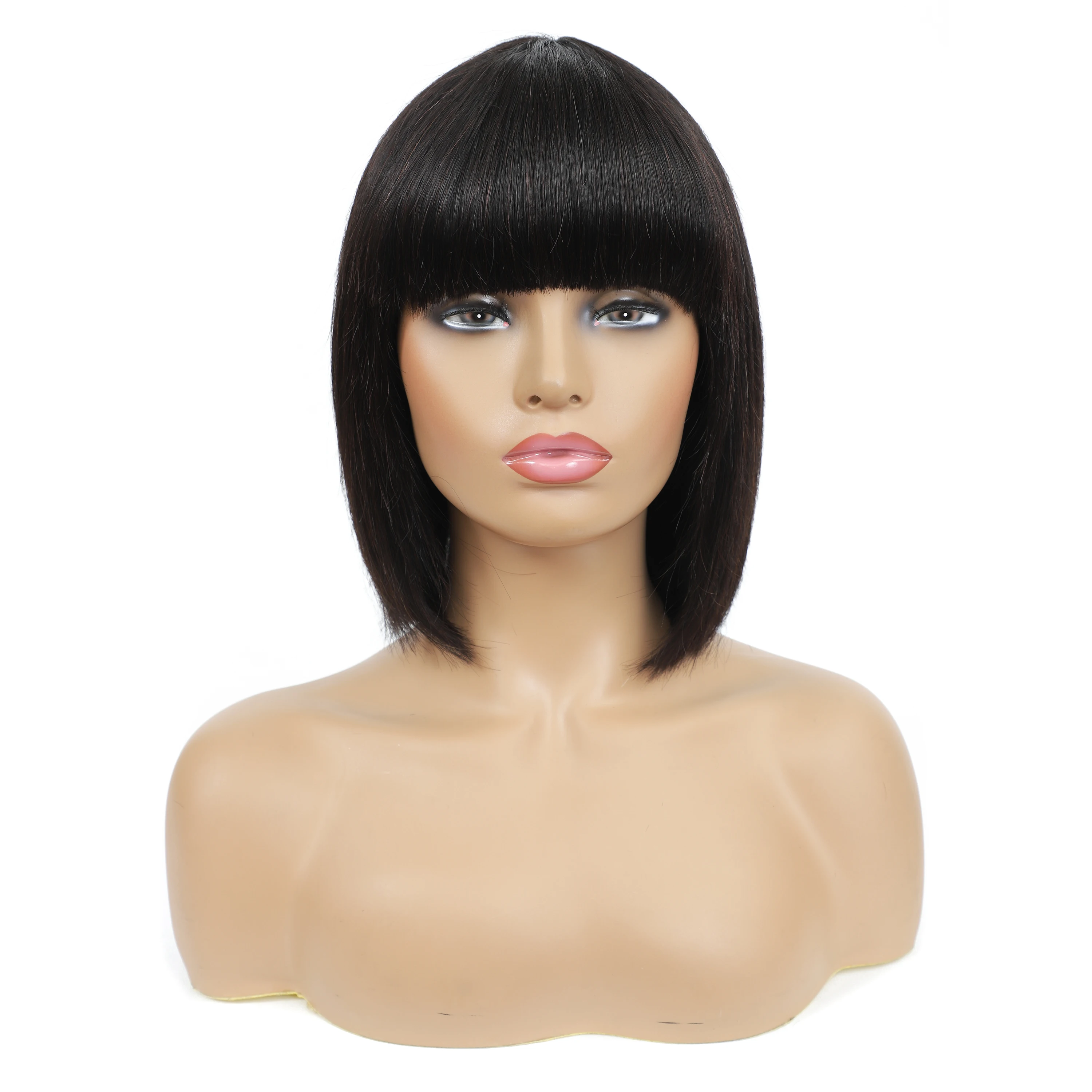 

Short Bob Wigs With Bangs Straight Human Hair Wigs For Black Women MISS LISA Full Machine Non Lace Wigs Natural Color Non Remy