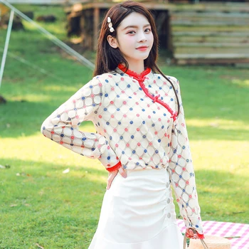 

COIGARSAM Cheongsam Full Sleeve blouse women New Spring Lace Polka Dot blusas womens tops and blouses 8030