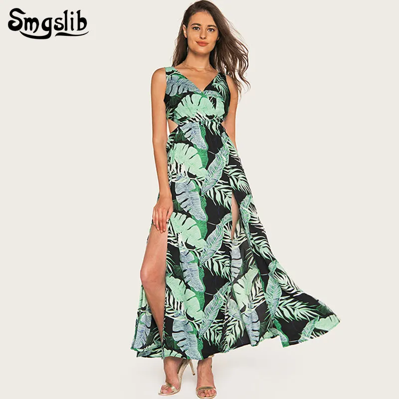 

2019 summer midi dress women england style print spaghatti strap Holiday with large open skirt pendulum V-neck Backless dresses