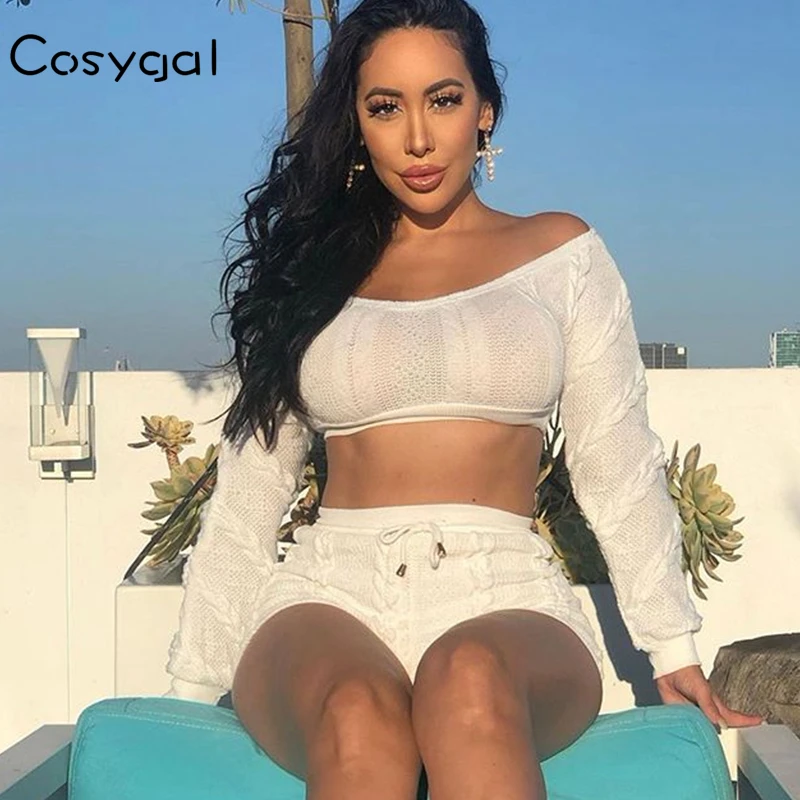 

COSYGAL 2019 New Off Shoulder Autumn Winter Matching Sets Long Sleeve Crochet Knitted Set Female Club Outfits 2 Piece Set Women