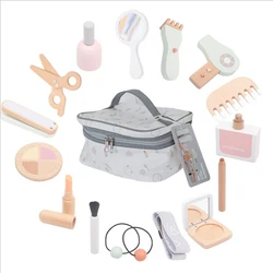 Kit de maquillage en bois pour filles, jeu de simulation, rouge à lèvres, vernis à ongles, parfum, peigne lisseur, avec sac cosmétique, cadeaux pour enfants de 3 ans et plus 