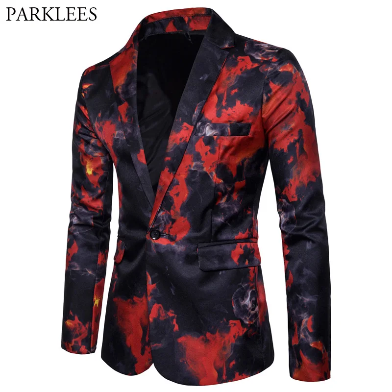Mens Red Flame Printed Blazer Jacket Casual Slim Fit Single Button 3XL