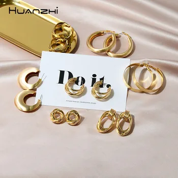 

HUANZHI 2019 Fashion Simple Geometric Design Gold Metal Plated Personality Hoop Earrings for Women Girls Wedding Party Jewelry
