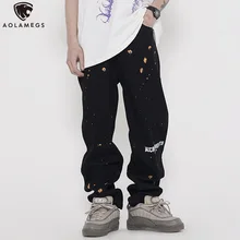 Aolamegs pantalones vaqueros Punk para hombre, Jeans de inyección de tinta con letras de Color, moda Harajuku Hipster, Hip Hop, ropa de calle