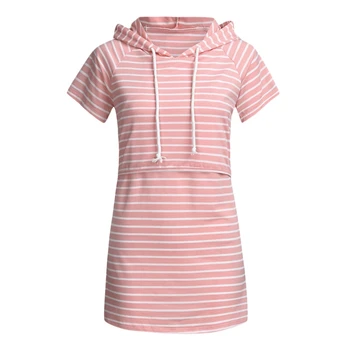 

Women Maternity T-Shirt Short Sleeve Striped Hoodie Nursing Breastfeeding Pullover Tops Pregnancy Wear