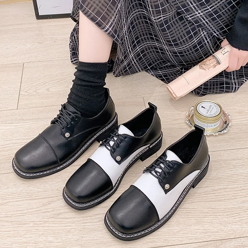 

Retro Woman Shoes Casual Female Sneakers Shallow Mouth Soft Square Toe Oxfords Women's Flats All-Match Modis British Style