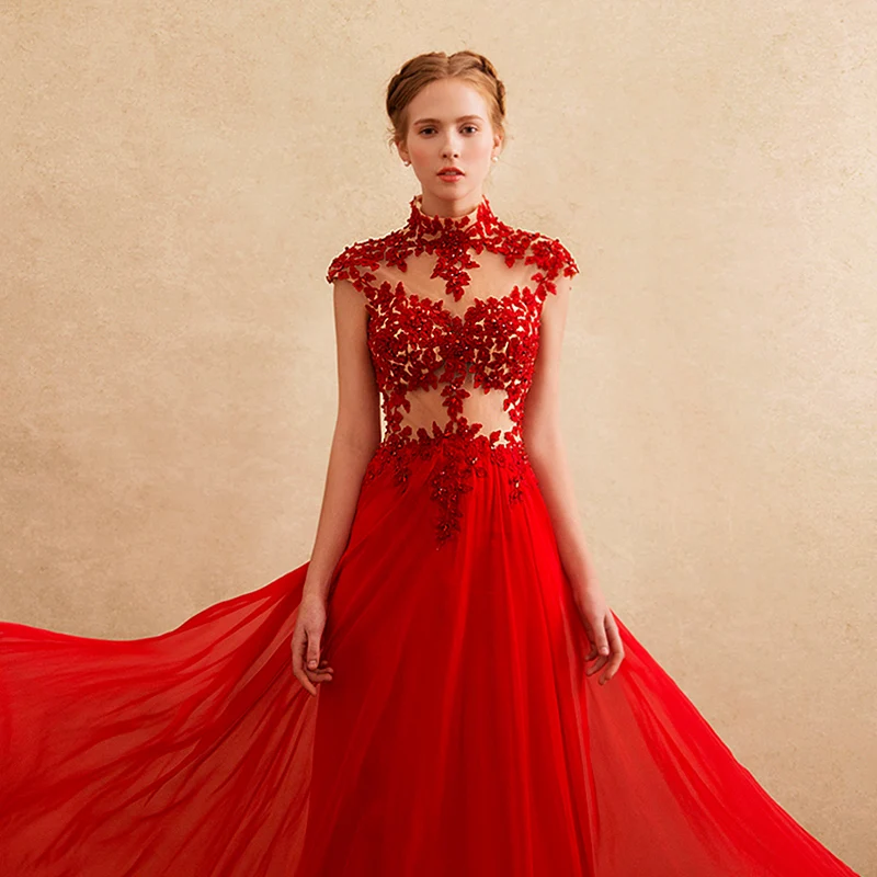 Vestidos, выпускное шифоновое вечернее платье с кружевной аппликацией, официальное платье с высоким воротом, сексуальное просвечивающее платье для матери невесты
