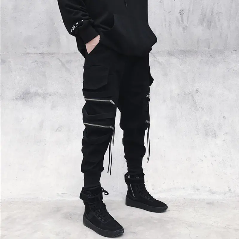 Men Cargo Pants Black Ribbons Block Multi-Pocket Harem Joggers Sweatpant  Hip Hop Casual Male Trousers 