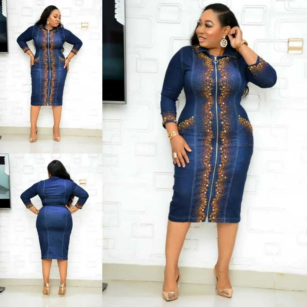 African Plus Size Dresses for Women 2022 Spring Summer Blue Denim Casual Dress Lady Dashiki Zipper Washed Denim Africa Clothing african outfits for ladies