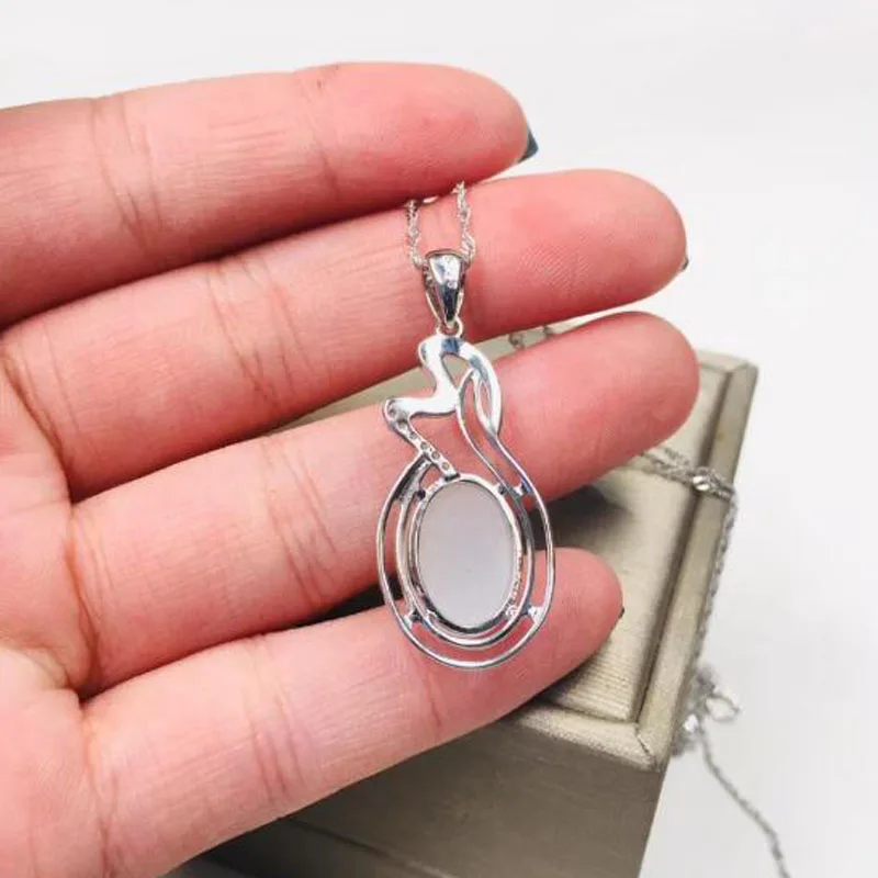 925 Sterling Silver White HeTian Jade Lucky Pendant+ Chain Necklace For Women Fine Jewelry Charm Gift