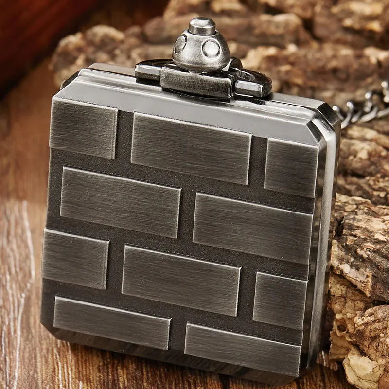 

Grey Pocket Watch Quartz Fob Clock for Men Simple Puzzle Block Laser Engraved Steampunk Case Flip Watches with Chain Drop Ship