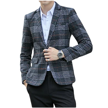 

Wool Vintage Mens Blazers Plaid Stylish Casual Wedding One Button Men Suit Jacket Groom Blazer Tweed Hommes Slim Fit Male Coats