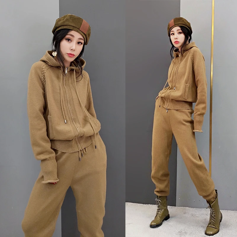 

Casual Top Fashion Drawstring Cotton Zipper Knitted Hooded Sweater And Trousers 2-piece Set 2021 New Women's Two-piece Fashion