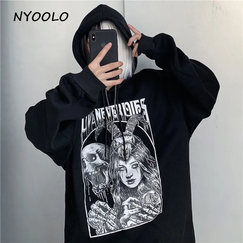 NYOOLO Harajuku уличная ведьма череп буквы печати теплые толстовки осень зима с длинным рукавом капюшоном пуловеры флис Толстовка для женщин