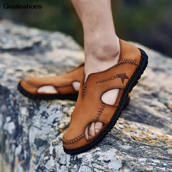 

Men Sandals Cow Leather Fashion Summer Men Leather Sandals Shoes Closed Toe Hollow Sandalias Hombre Cuero Sandalias
