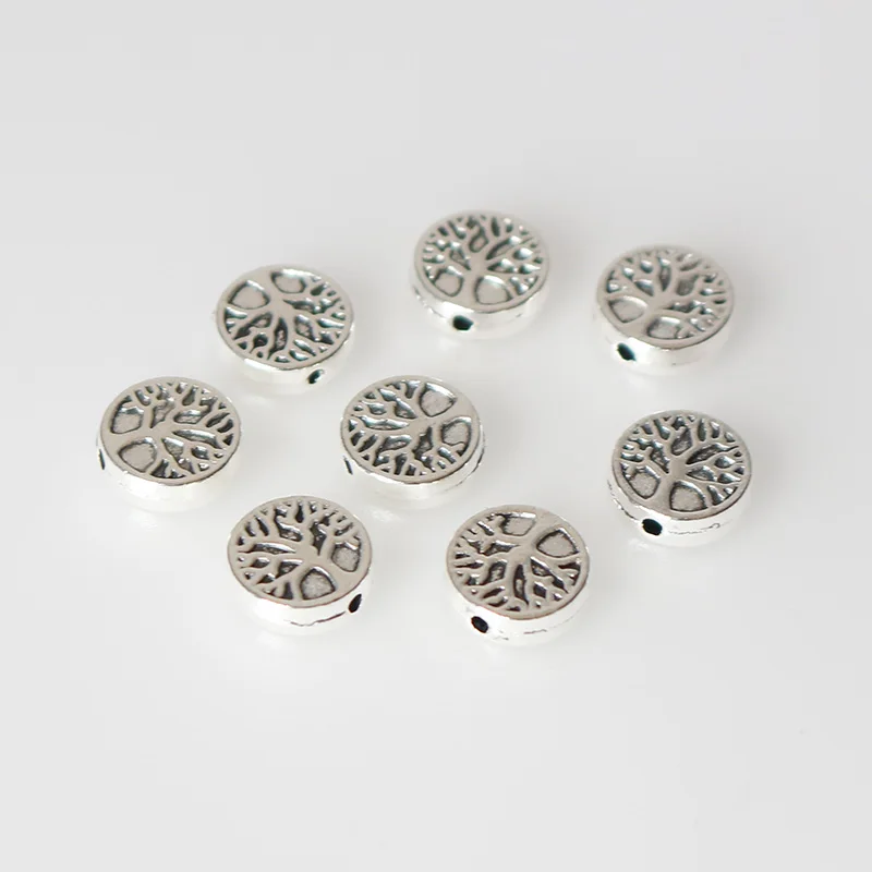 50pcs/lot Tibetan Silver Cake Shape Life Tree Spacer Beads Bracelets Wig Beard Metal Charm Loose Bead For DIY Jewelry Making