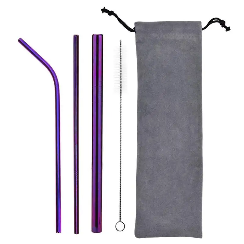 5pcs Stainless Steel Portable Drinking Straws Set Household Bar Kitchen Supplies Portable Travel Drink Tableware - Цвет: Purple