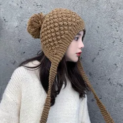 Pure Color Ear Protection Wool Hat Children's Autumn and Winter Warm Baotou Knitted Hat Windproof Warm Damp Band Wool Ball