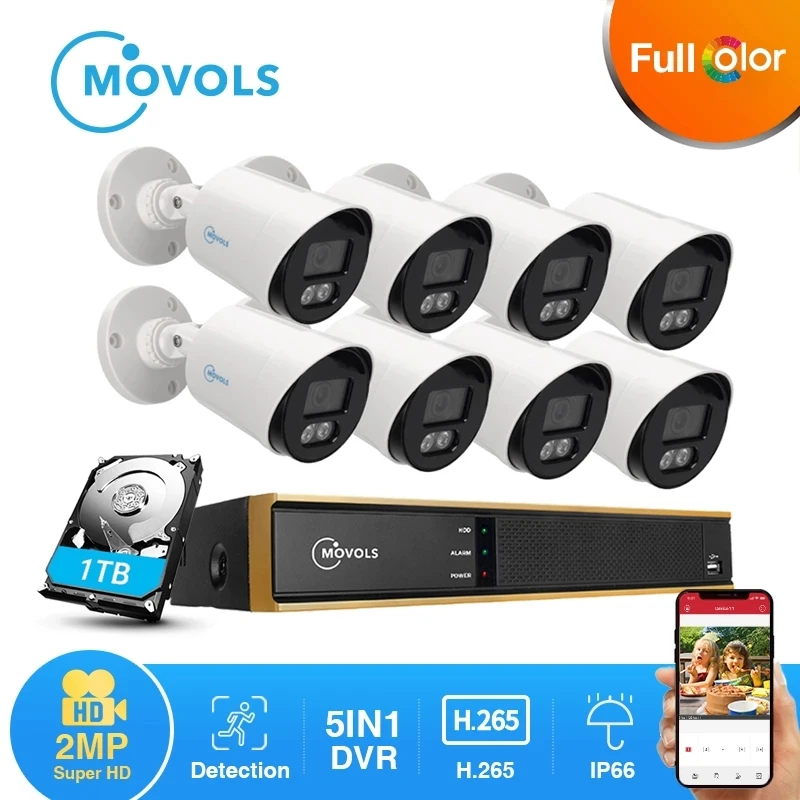 

MOVOLS Security Video System 8x Colorful Nightvision 2MP HD Waterproof CCTV Camera 8CH H.265 1080P DVR Recorder Surveillance Kit