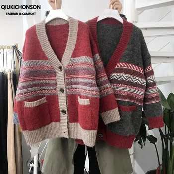 

Autumn Winter Thick Long Knit Cardigan Coat Women Vintage Ethnic Contrast Color Geometric Pattern Button Up Cardigan Tops