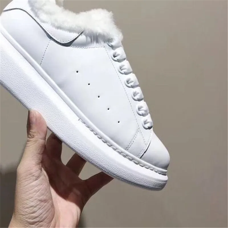 Маленькие белые туфли; Новая женская зимняя повседневная обувь; теплые женские ботинки из натуральной кожи и шерсти; удобные, как на воздушной подушке - Цвет: all white