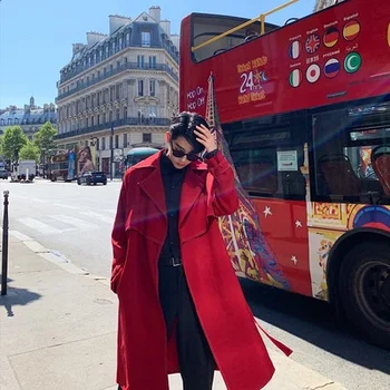 

Big Red Windbreaker male clear line wrap around belt mid-long Autumn Winter Coat Korean edition temperament men's retro coat