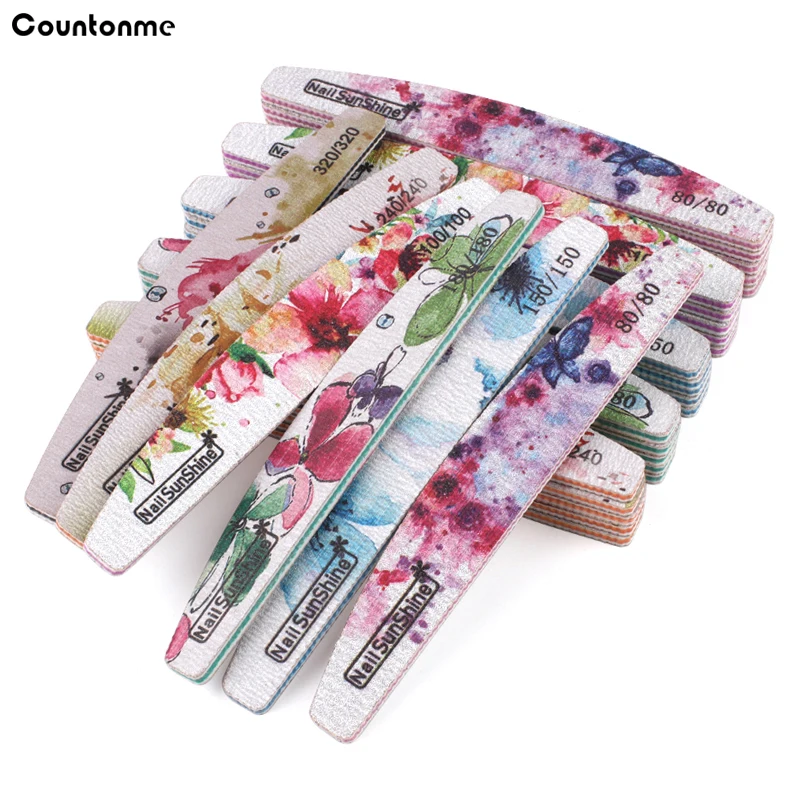 

20Pcs /Lot New Flower Printed Nail Files 80/100/150/180/240 Grit Boat Curved Design Thick Sandpaper Nail Buffer Manicure Tools