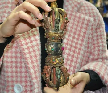

wedding decoration 9" Old Tibet Temple Bronze Gilt Silver inlay Gem Skull Phurpa Dorje Vajra FaQi