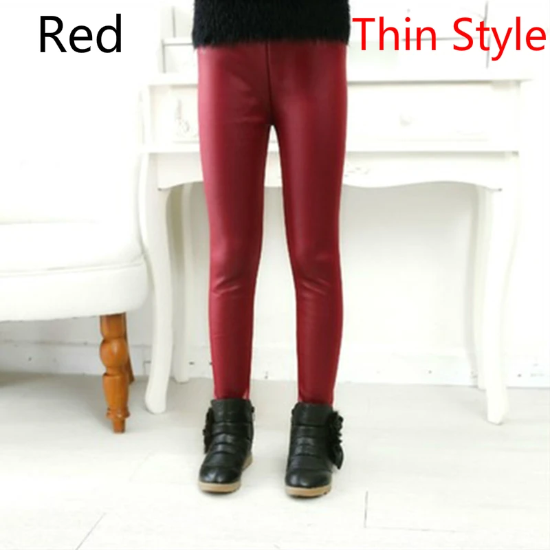 Red Thin Style Детские зимние брюки в 2 стилях узкие брюки-карандаш из искусственной кожи для девочек модные бархатные брюки для малышей; одежда для малышей - Цвет: Red Thin Style