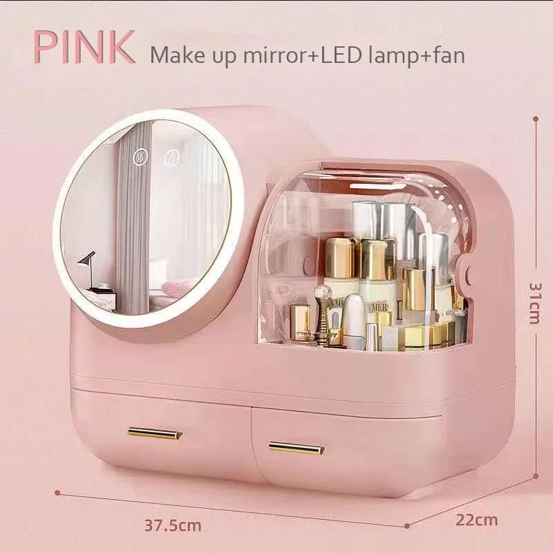 Fashion Makeup Organizer BOX USB Rechargeable Cosmetic Storage Box Jewelry Container Dustproof Drawer Waterproof Mirror LED Lamp 