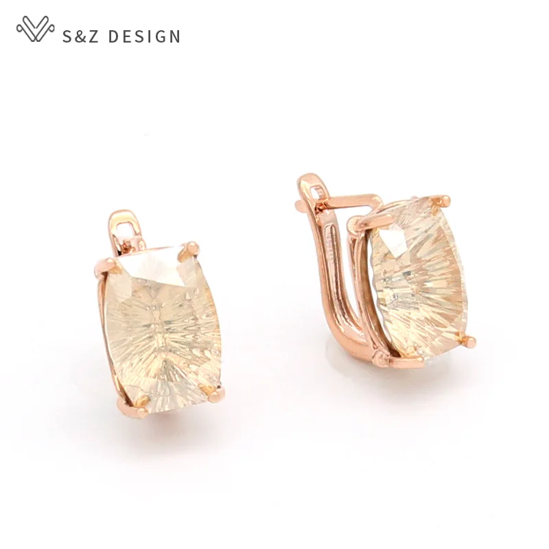 S&Z DESIGN New Fashion Square Crystal Dangle Earrings 585 Rose Gold Color Eardrop For Women Girl Wedding Party Jewelry