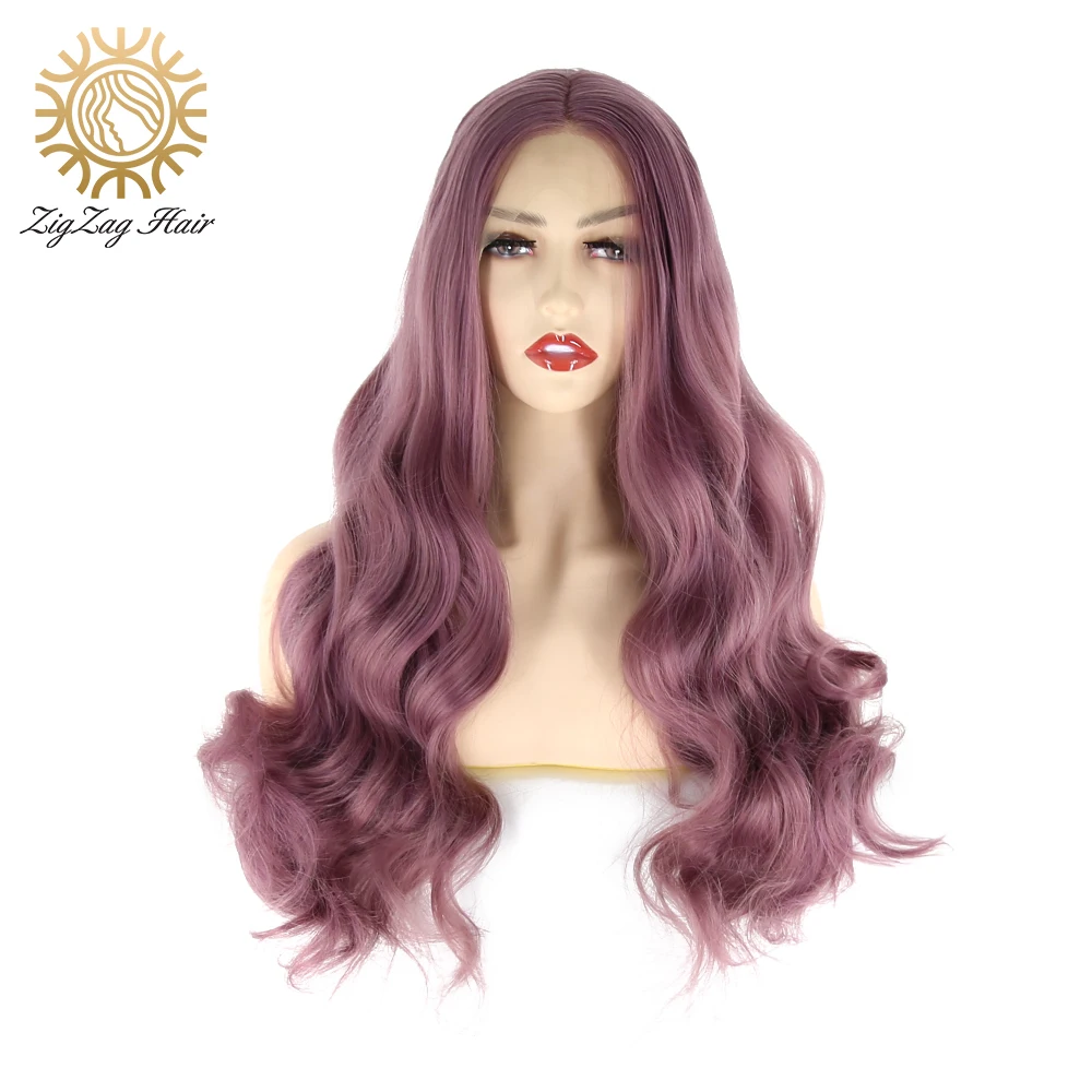 

ZigZag Purple Brown Synthetic Lace Front Wig Wavy Natural Glueless Heat Resistant Hair Middle Part Cosplay Daily Wigs for Women