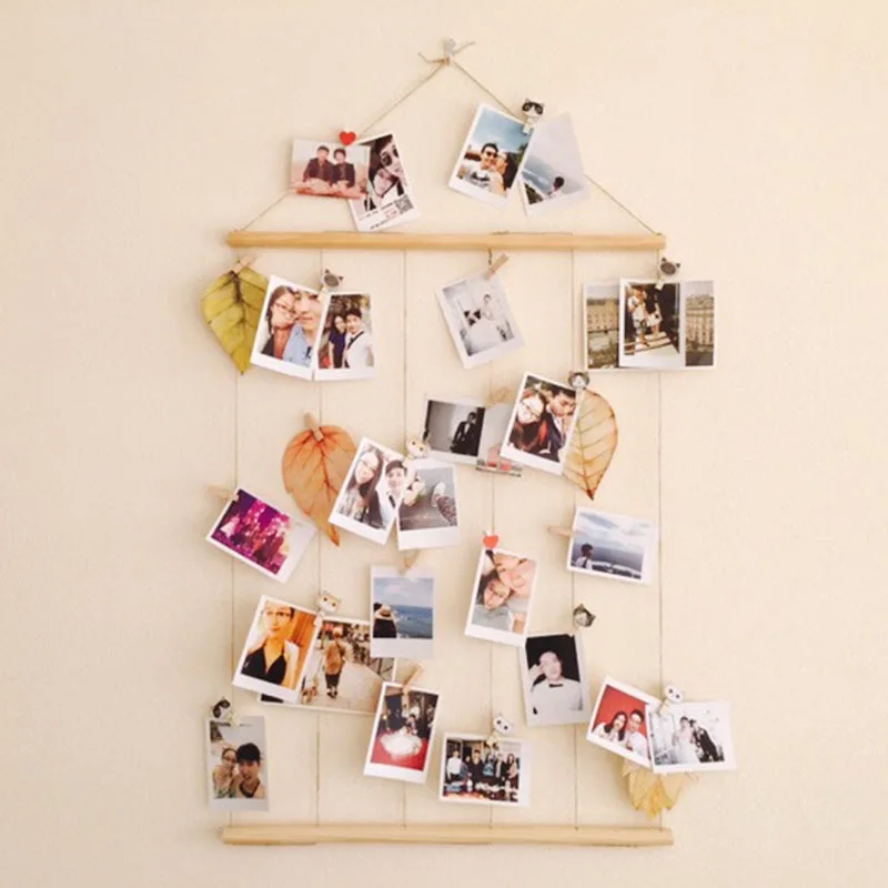 

40/50cm Wooden Photo Display Stick Hemp Rope Wall Hanging Photo Macrame with Wood Clips Post Cards Hanging Pictures Home Decor