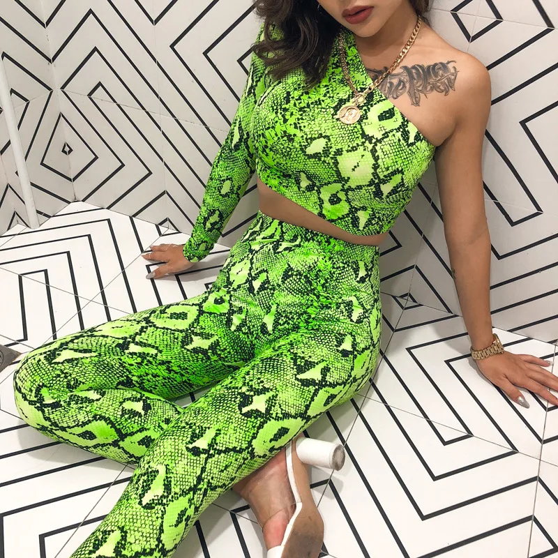 HAOYUAN Neon Snake Print Two Piece Set Women Tracksuit One Shoulder Crop Top Pant Suits Sexy 2 Piece Club Outfits Matching Sets