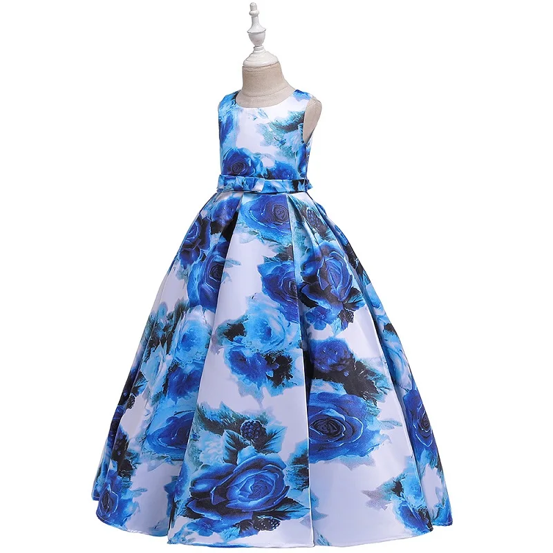 Новые Элегантные платья с принтом; Одежда для девочек; Свадебные Вечерние Платья с цветочным принтом для девочек; платья для девочек; нарядные платья принцессы для девочек - Цвет: blue