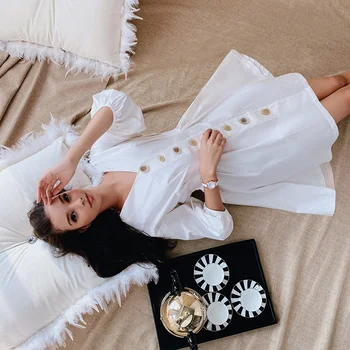 

Dabuwawa Chic Solid V-Neck Dress Women Buttoned High Waist Lantern Sleeve Ladies Elegant Party A-Line Dresses Slim Fit DT1ADR032