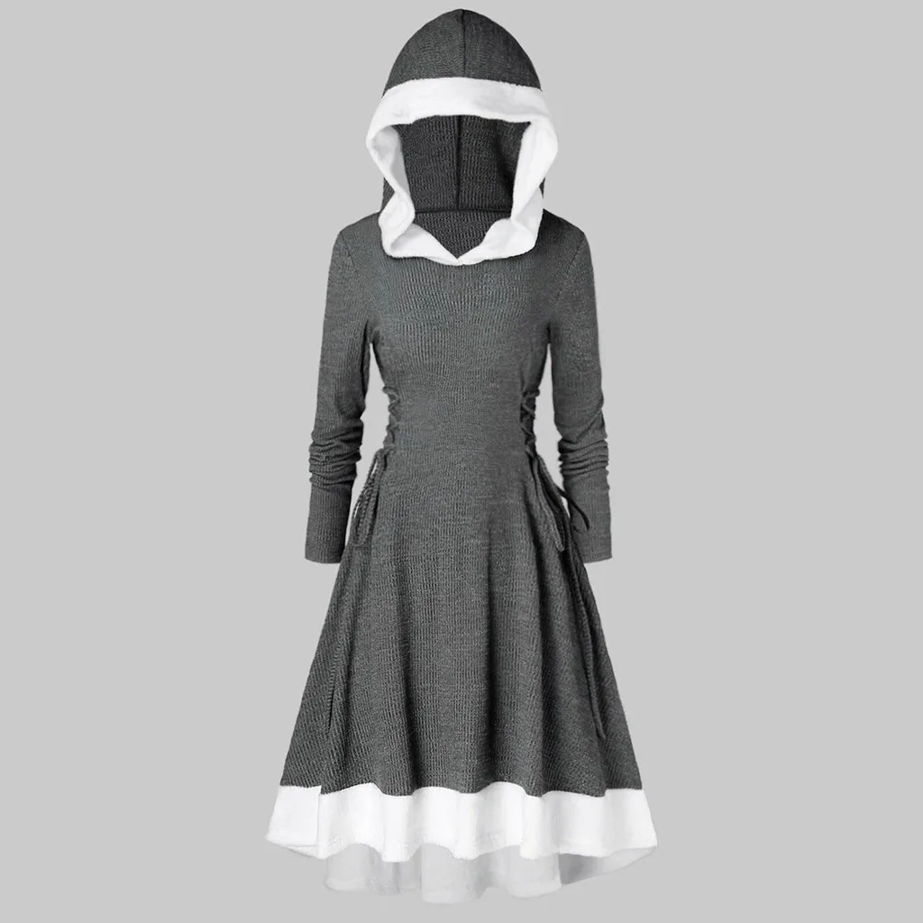 Robe hiver femme, женское платье с длинным рукавом, винтажное, однотонное, размера плюс, с капюшоном, на шнуровке сбоку, зимнее платье, vestidos ropa mujer sukienki