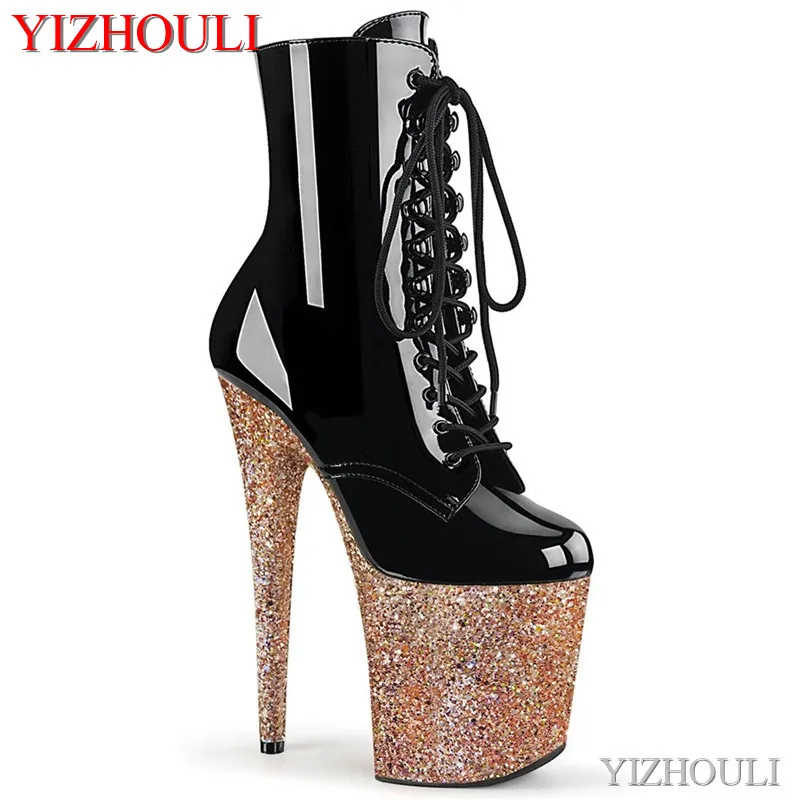 20cm sexy sequined waterproof platform black vamp, stiletto boots 8 inches high pole dancing model party ankle boots