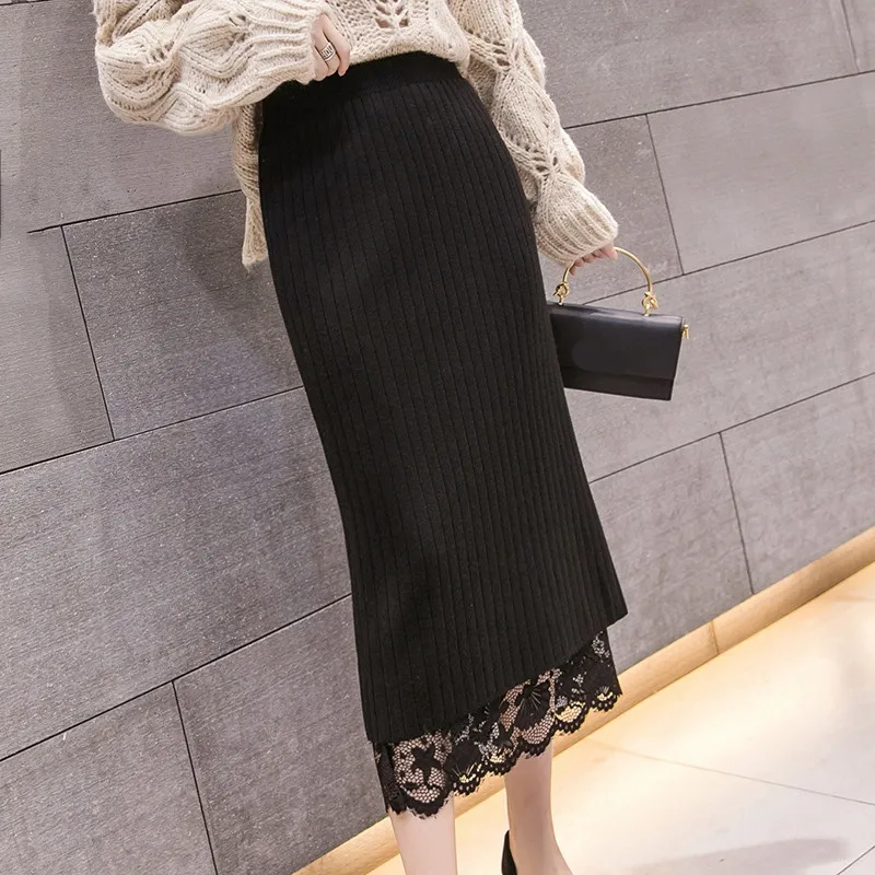 Black Skirt Women RICININA, юбка миди, женская, элегантная, Jupe Femme,, вышивка, одноцветная, макси, женская юбка, высокая талия, Вязанная, юбки для женщин, s, зима - Цвет: Black Skirt Women