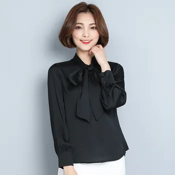 

Spring and Autumn Women's New Bow-tie Collar Solid Color Button Chiffon Shirt gray