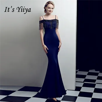 

Navy Blue Formal Dress It's Yiiya DX329 Mermaid Tassel Boat Neck Robe De Soiree Sling Short Sleeve Plus Size Women Party Dresses