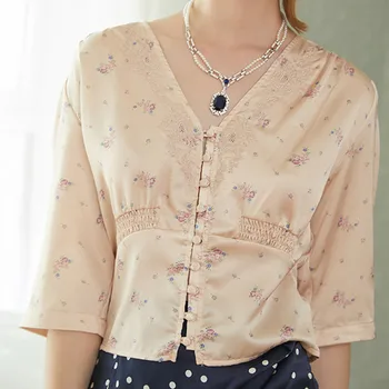 

2020 New Sweet Floral Women Blouse lady V-neck Half Sleeve Retro satin Shirt Spring Female single-breasted Blouses and Shirts