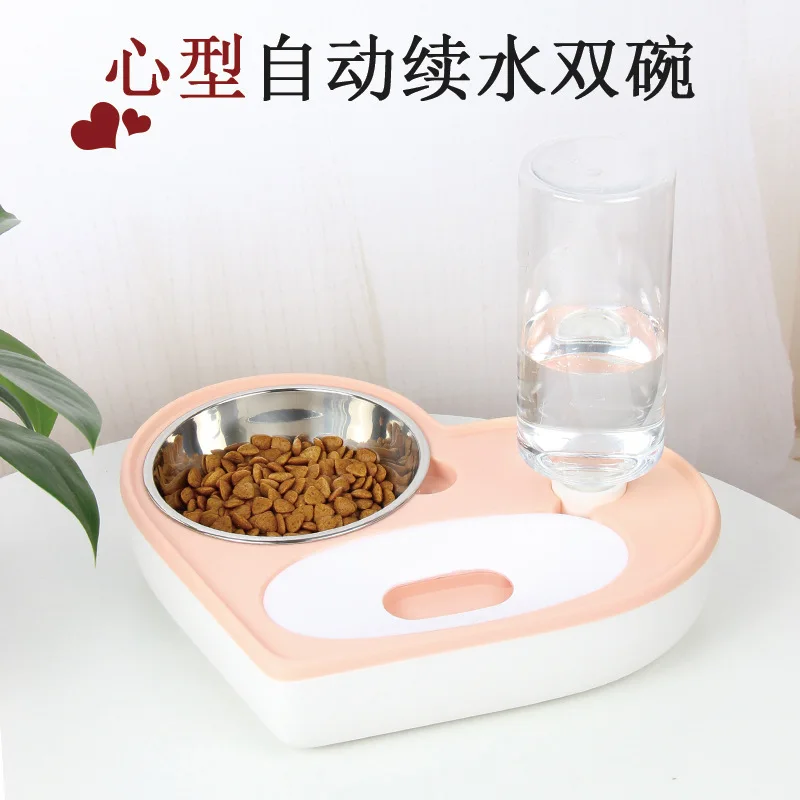 

Pet Stainless Steel Double Bowl gou shi pen Heart-Shaped Cat Bowl Automatic Drinking Water Not Wet Mouth Pet Supplies