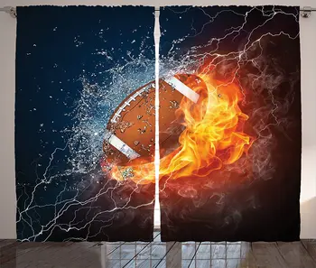 

Sports Window Curtains Football on Fire and Water Flame Splashing Thunder Bolt Abstract Conceptual Art Living Room Bedroom Decor