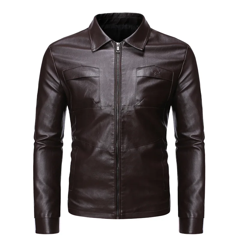 men's genuine leather coats & jackets with hood Autumn simple leather jacket men/business solid color lapel self-cultivation waterproof leather coat boutique faux PU Tops men's genuine leather motorcycle jackets