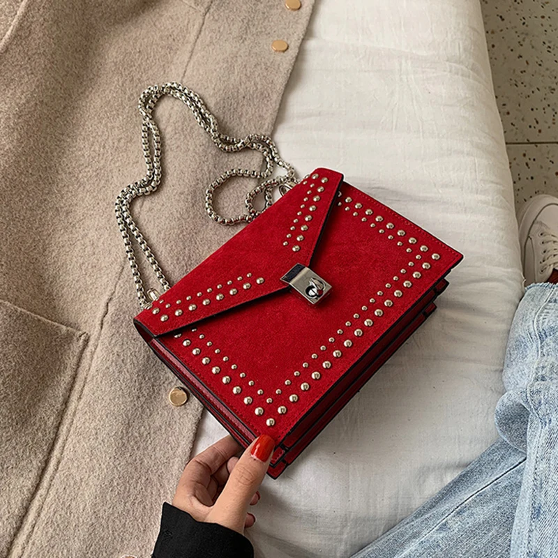 SMOOZA/маленькие кожаные сумки-мессенджеры на плечо для женщин, сумка через плечо с цепочкой и заклепками, женские дорожные мини-сумки - Цвет: Красный