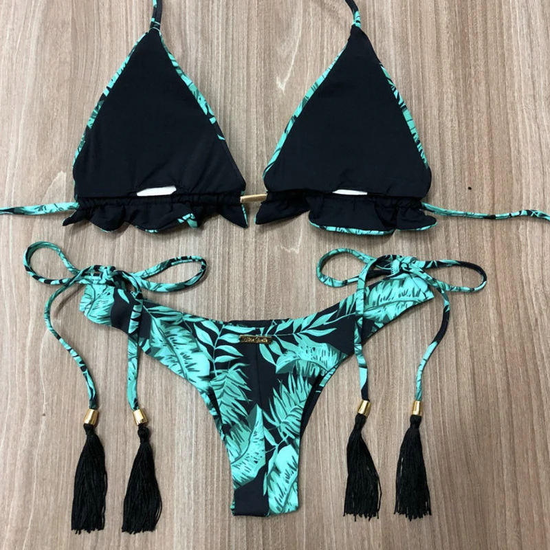 H7921926afa044a7aa689c06568fe055cL Sexy Halter Swimsuit Women Thong Micro Bikini Push Up 2019 Brazilian Bikini Tropical Plant Print Swimwear String Mini Swimsuit
